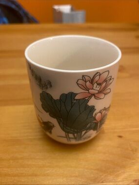 White Ceramic Japanese Floral Tea Cup with Pink Lotus Design